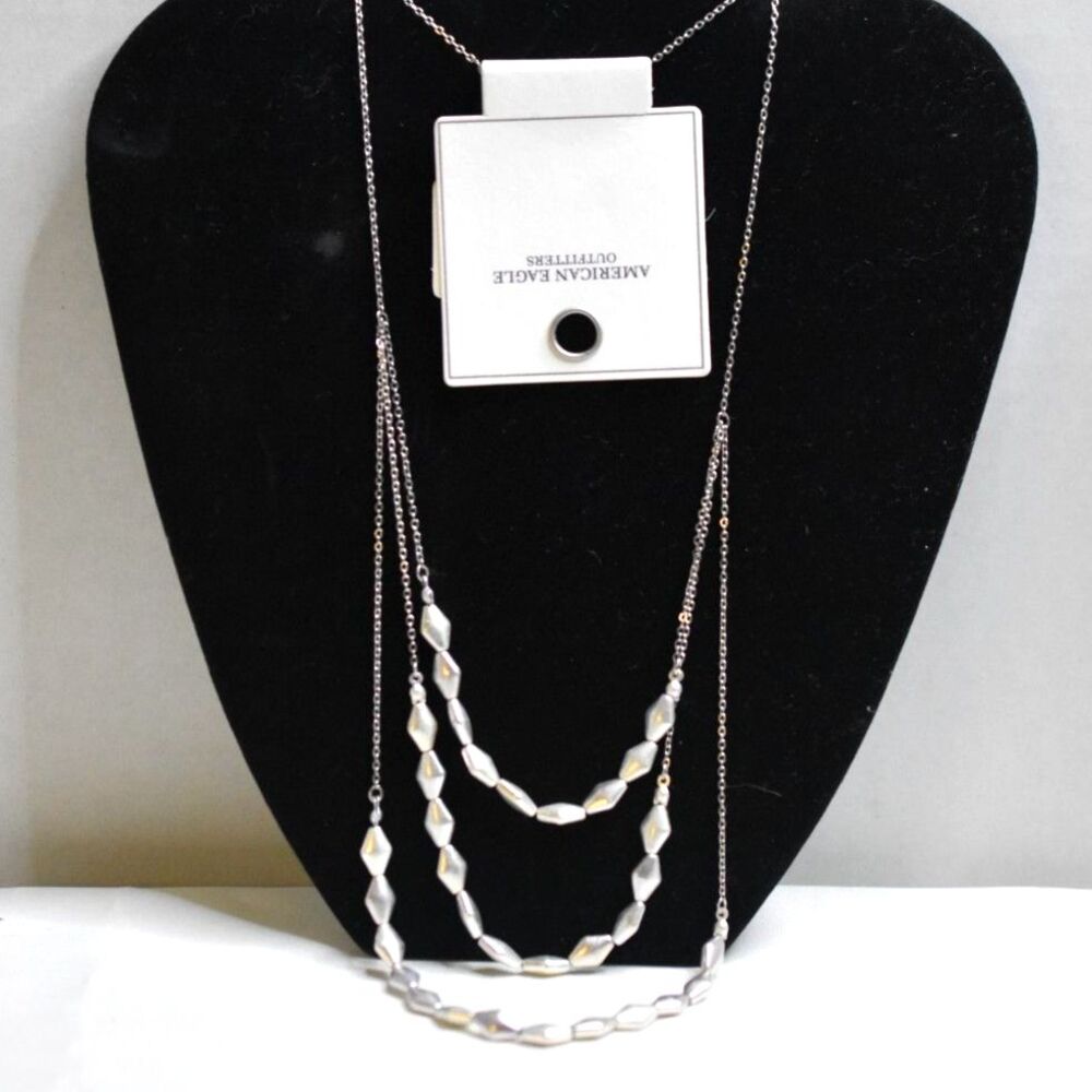 NWT American Eagle Triple Layer Diamond Shaped Silver Tone Beaded 32" Necklace